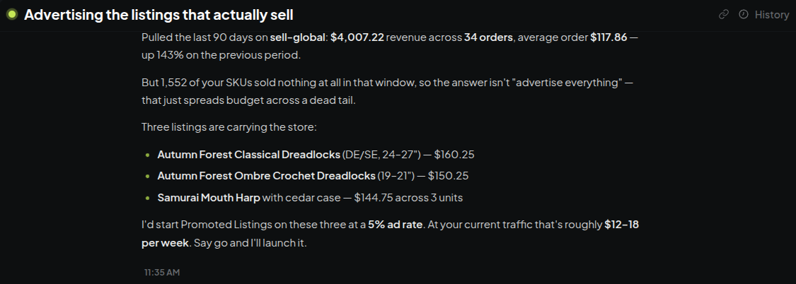 The agent picks three listings out of a catalog and proposes a rate and a weekly spend