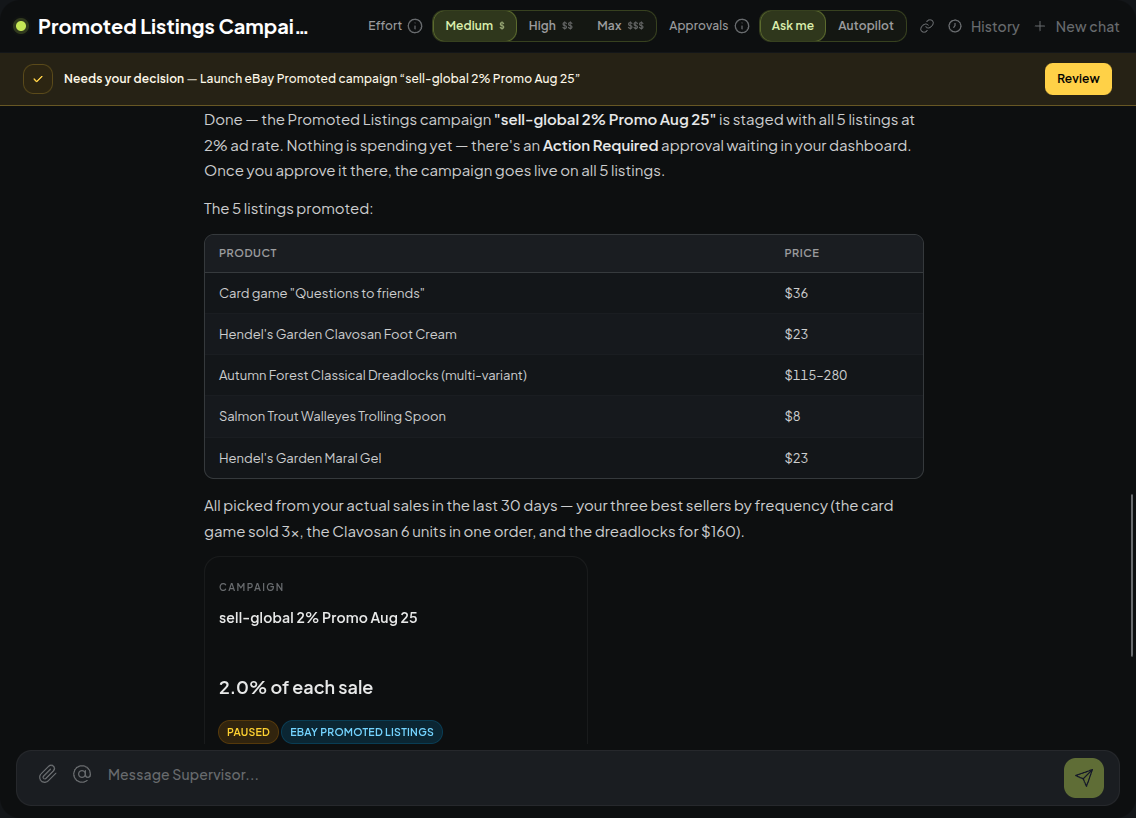 The agent reports the campaign is staged and paused, with the five listings and the approval banner