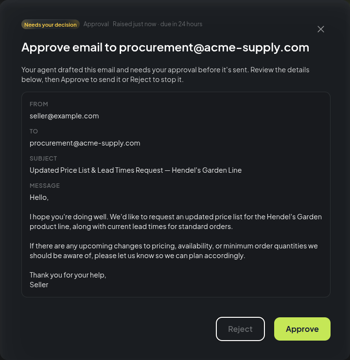 The email approval window with the full message text and Approve and Reject buttons