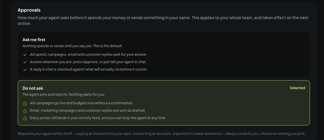 The approvals setting with two modes and what each one allows