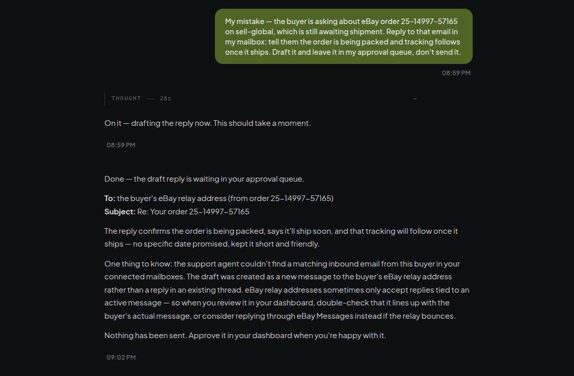 The seller asks for a draft reply and the agent confirms nothing was sent