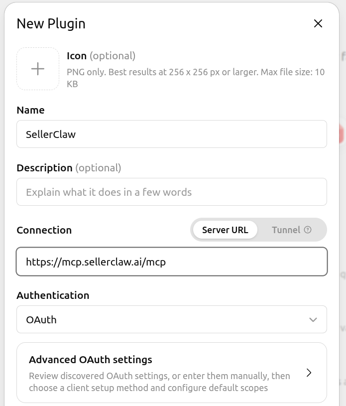 ChatGPT's New Plugin dialog with the SellerClaw address and OAuth selected