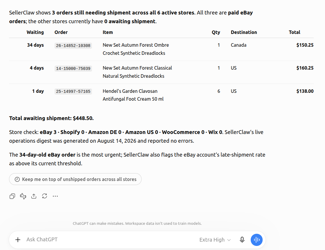 ChatGPT answering with a table of unshipped orders pulled from SellerClaw