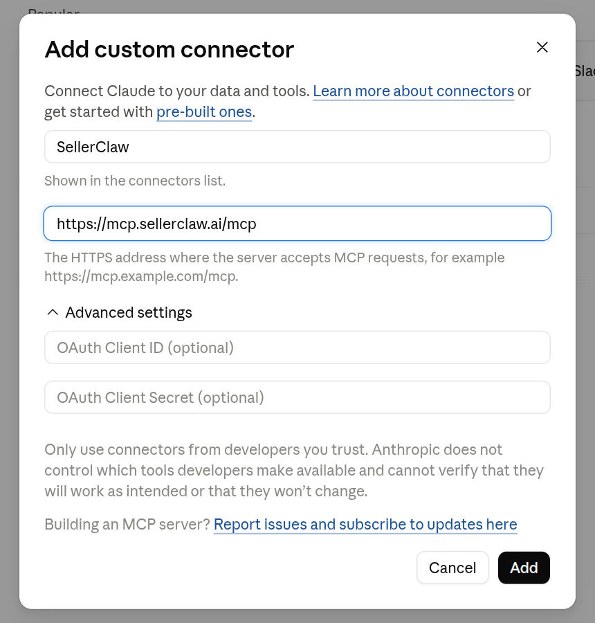 Claude’s Add custom connector dialog, filled in with the SellerClaw address