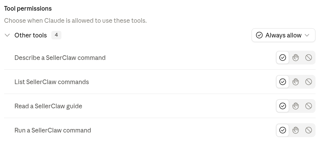 Claude’s tool permissions for the SellerClaw connector: four tools, each set to allow, ask or block