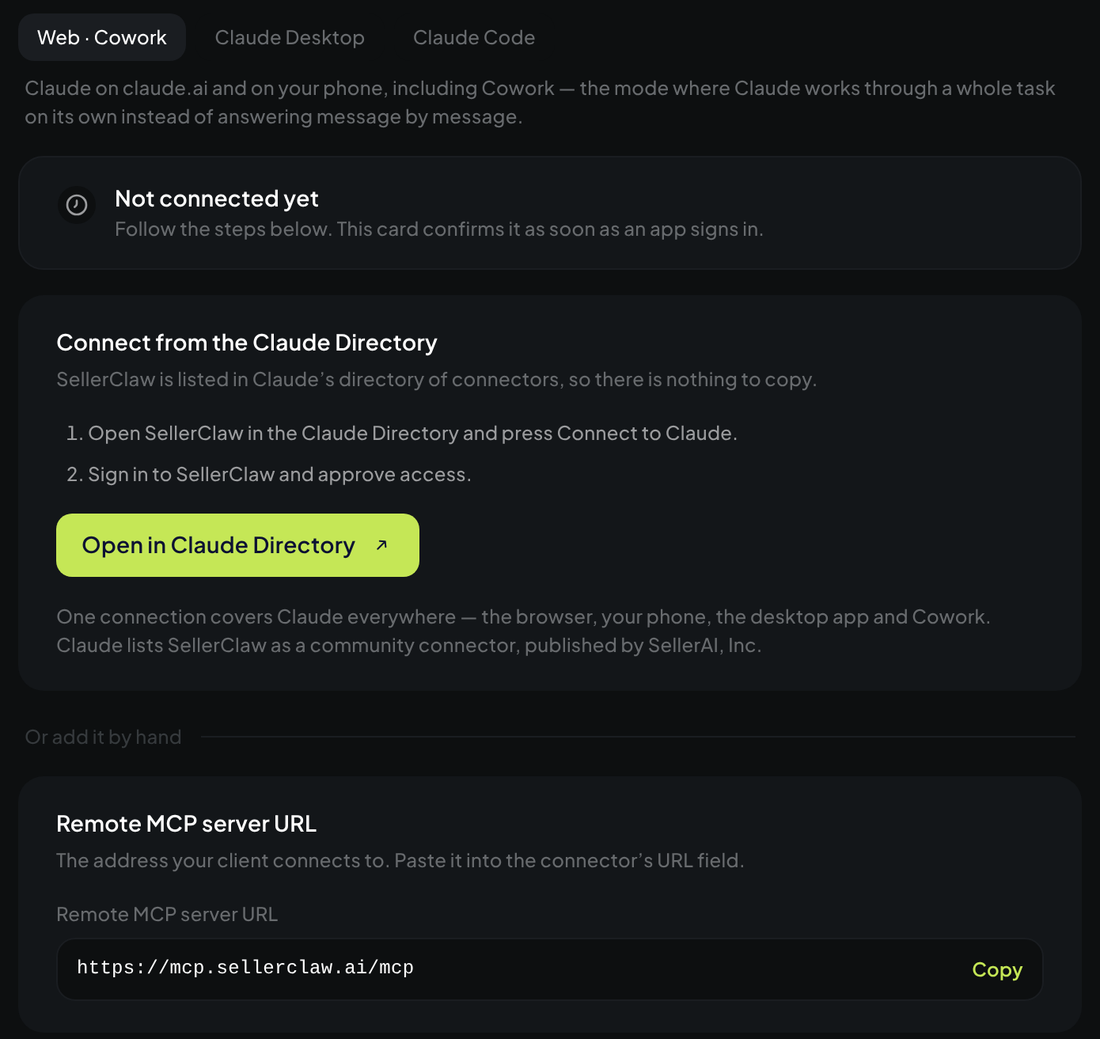 The Claude card in SellerClaw with the Open in Claude Directory button