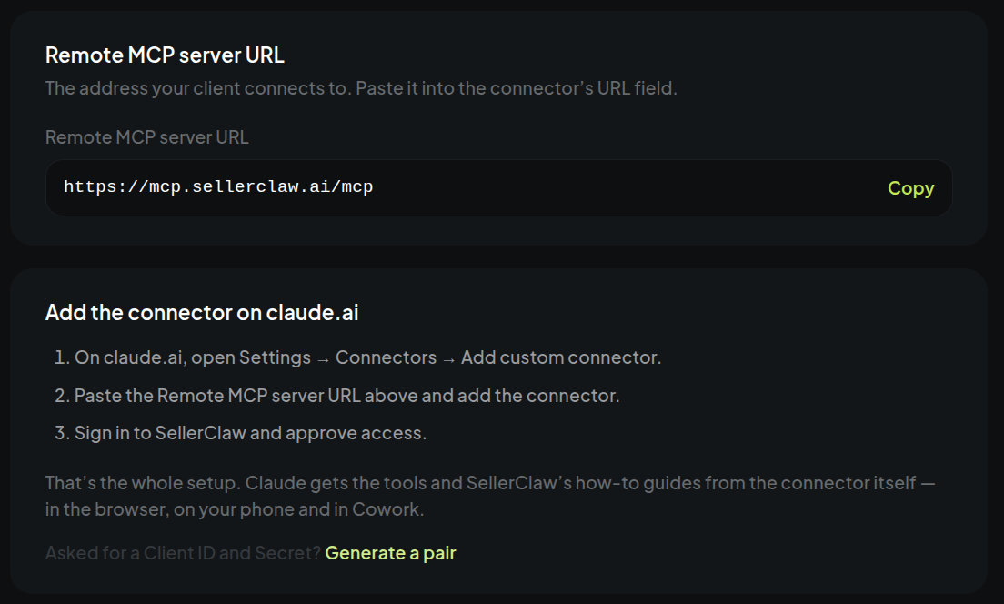 The Connected apps tab in SellerClaw with the remote server address and the three setup steps for Claude