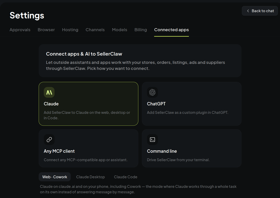 The Connected apps settings with Claude picked, beside ChatGPT, any MCP client and the command line