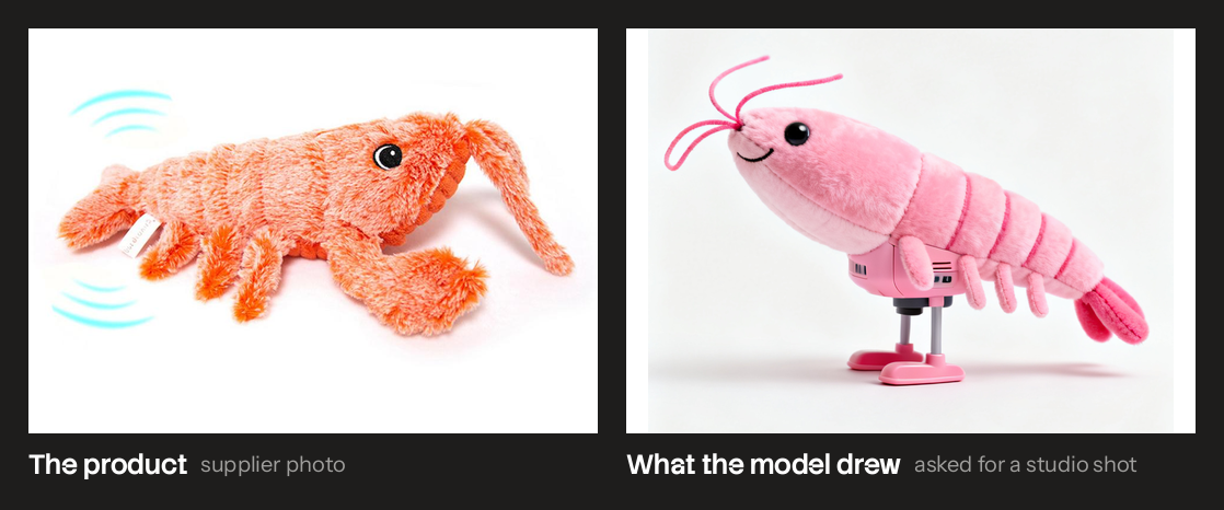 The supplier's photo of an orange plush crayfish next to the pink shrimp the model produced