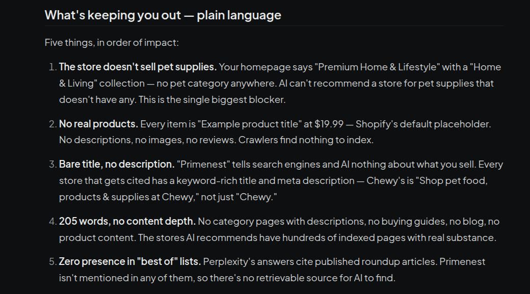 The agent's plain-language list of what keeps the store out of AI answers