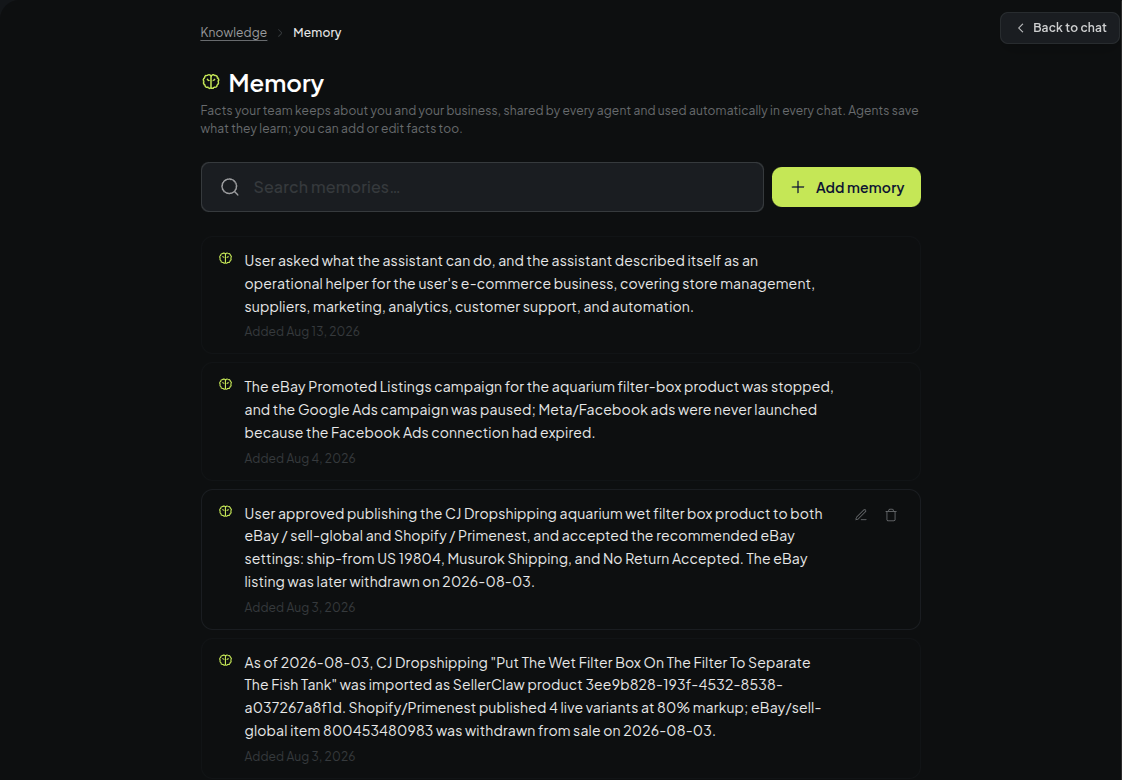 The memory list: facts about approved campaigns and published products, each with the date it was learned