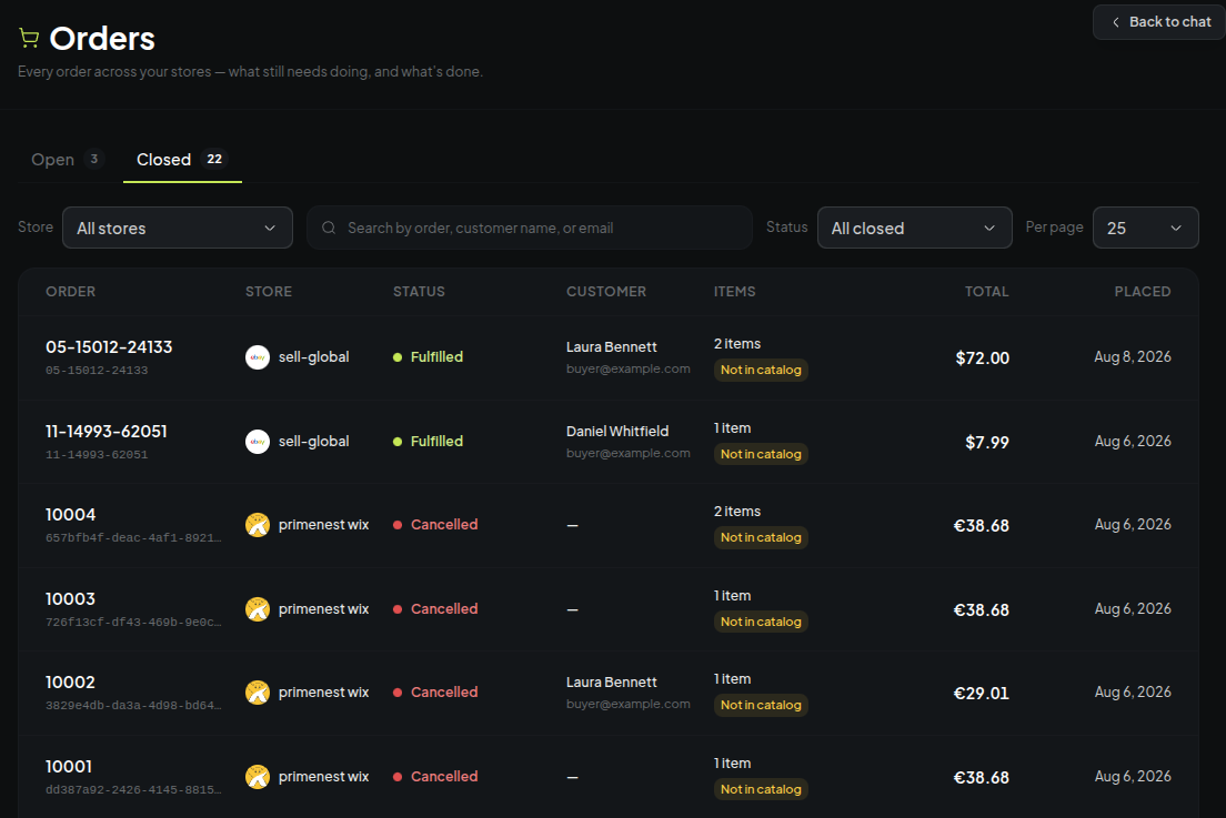 The closed orders list: eBay and Wix orders side by side, fulfilled and cancelled, dollars and euros