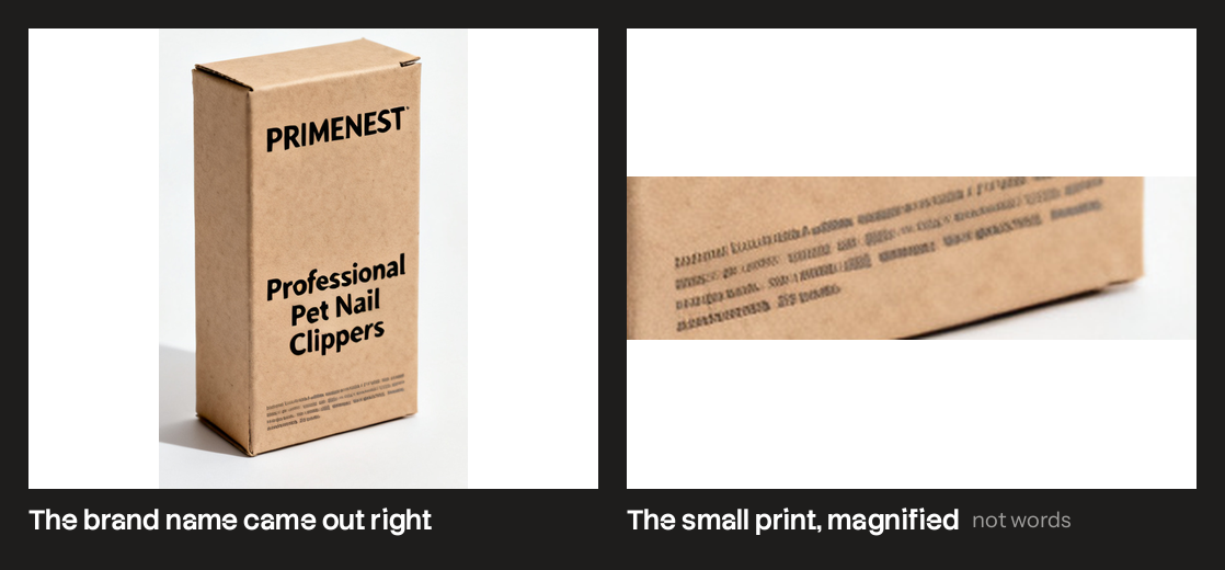 A generated cardboard box with a correct brand name, next to a magnified crop where the small print is unreadable scribble