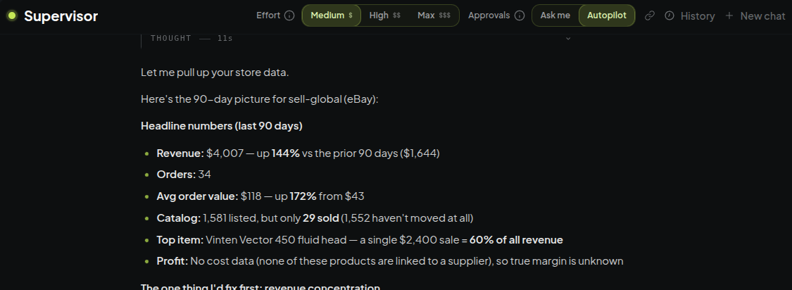 The agent reports revenue and orders, then states that margin is unknown without cost data