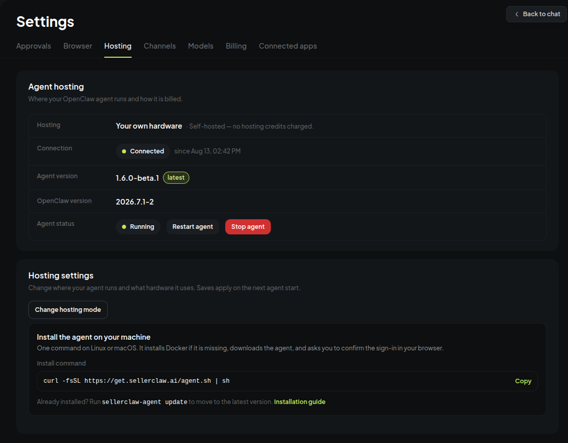 The Hosting settings tab showing a self-hosted agent: connected, running, with the install command
