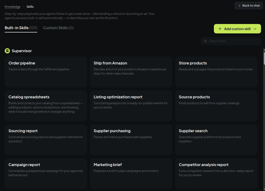 The skills page listing built-in playbooks with what each one does