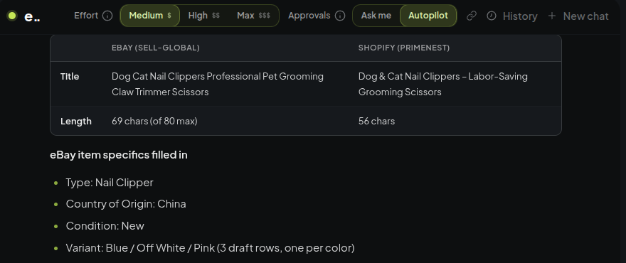 Two drafted titles for the same product side by side, with character counts and the eBay item specifics