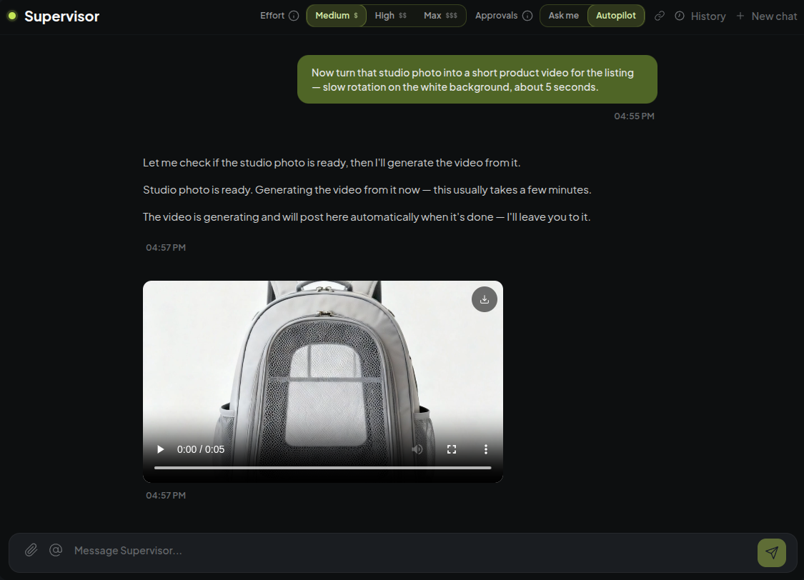 Chat request to turn the studio photo into a five-second video, with the finished clip in the chat