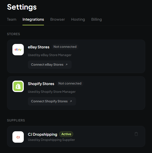 Settings integrations page